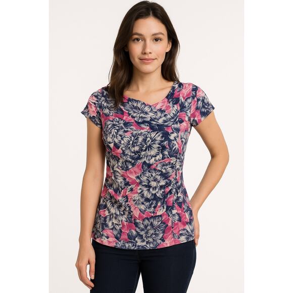 Floral Ruched Stretch Top Pink Navy INC International Concepts XL - Picture 1 of 5